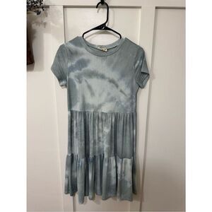 See You Monday Pale Blue Tie-Dye Tiered Short Sleeve Mini Dress
